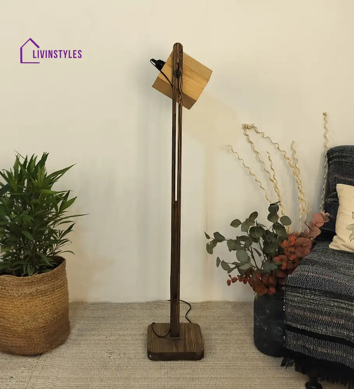 Hexspot Wooden Floor Lamp With Brown Base And Beige Lampshade Lamps