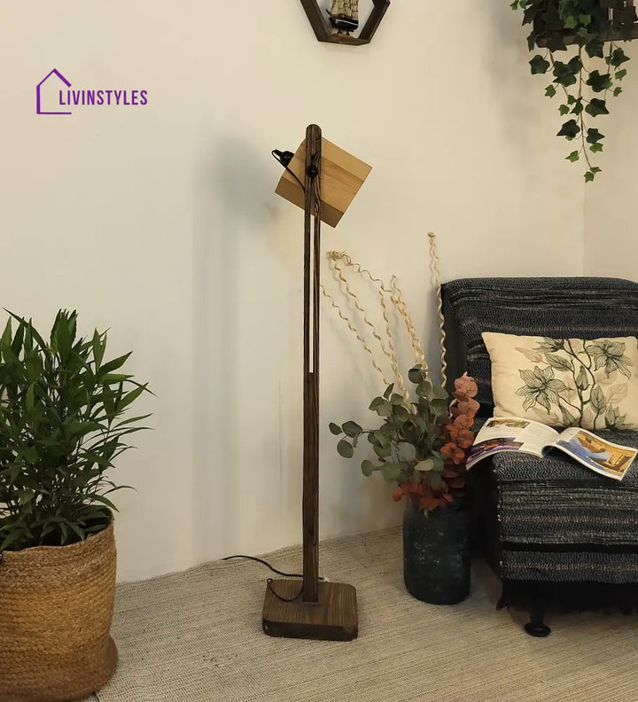 Hexspot Wooden Floor Lamp With Brown Base And Beige Lampshade Lamps