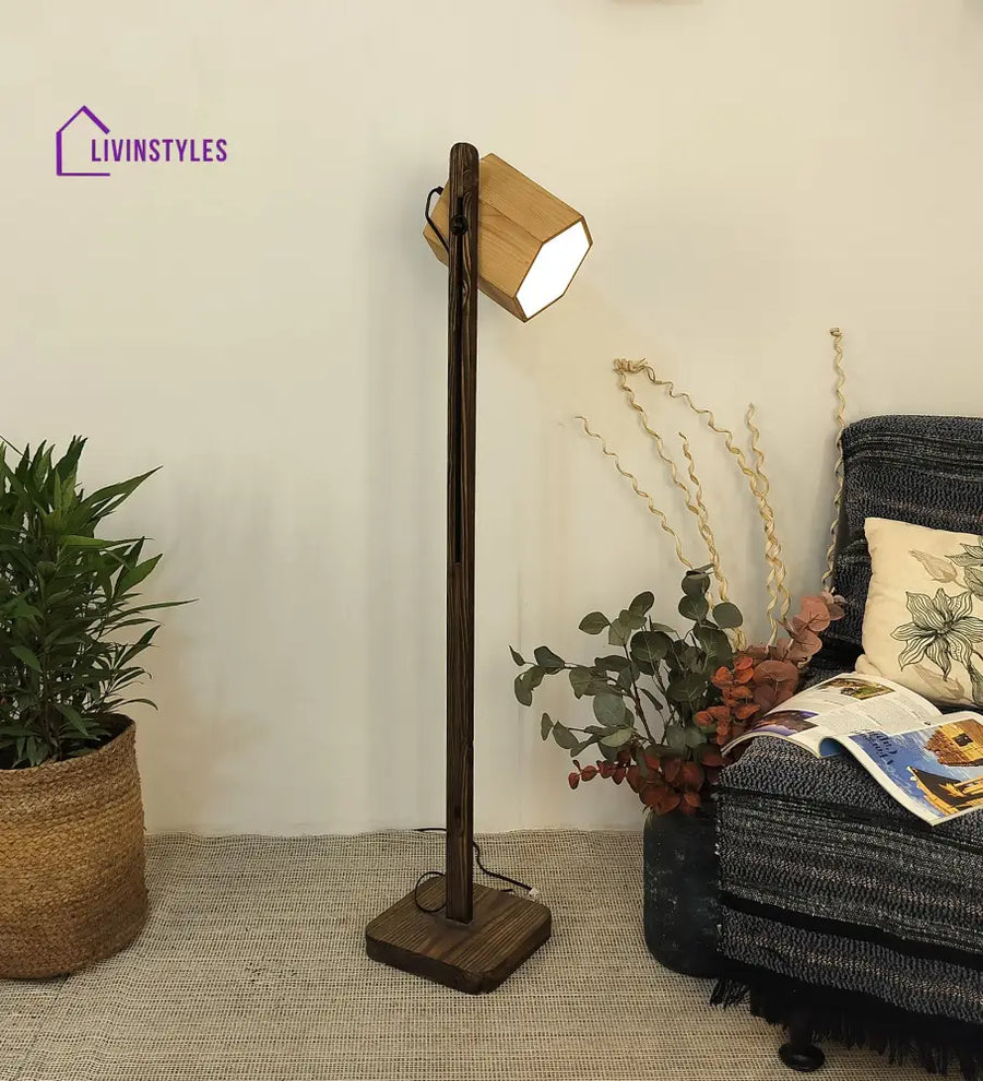 Hexspot Wooden Floor Lamp With Brown Base And Beige Lampshade Lamps