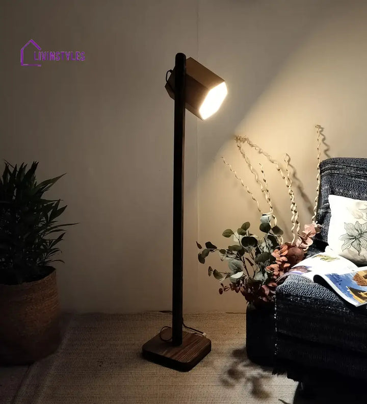 Hexspot Wooden Floor Lamp With Brown Base And Beige Lampshade Lamps