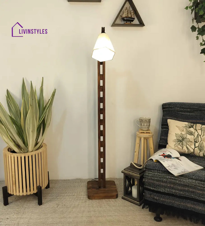 Hinge Wooden Floor Lamp With Brown Base And Beige Fabric Lampshade Lamps