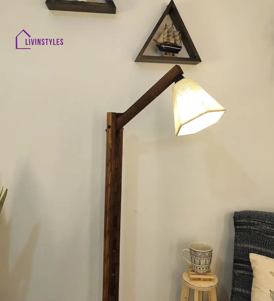 Hinge Wooden Floor Lamp With Brown Base And Beige Fabric Lampshade Lamps