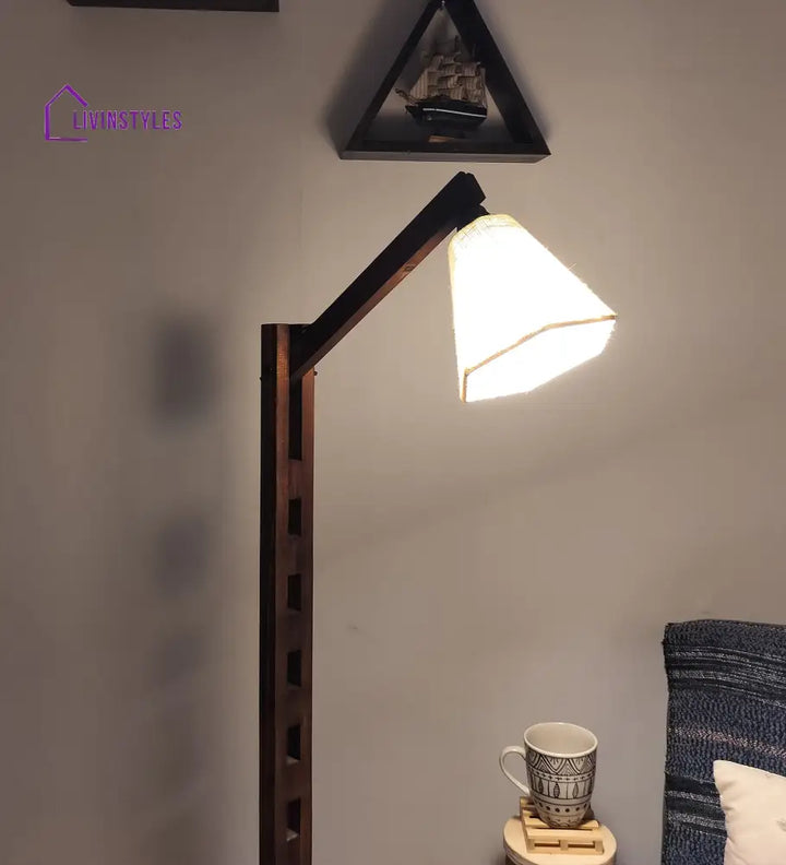 Hinge Wooden Floor Lamp With Brown Base And Beige Fabric Lampshade Lamps