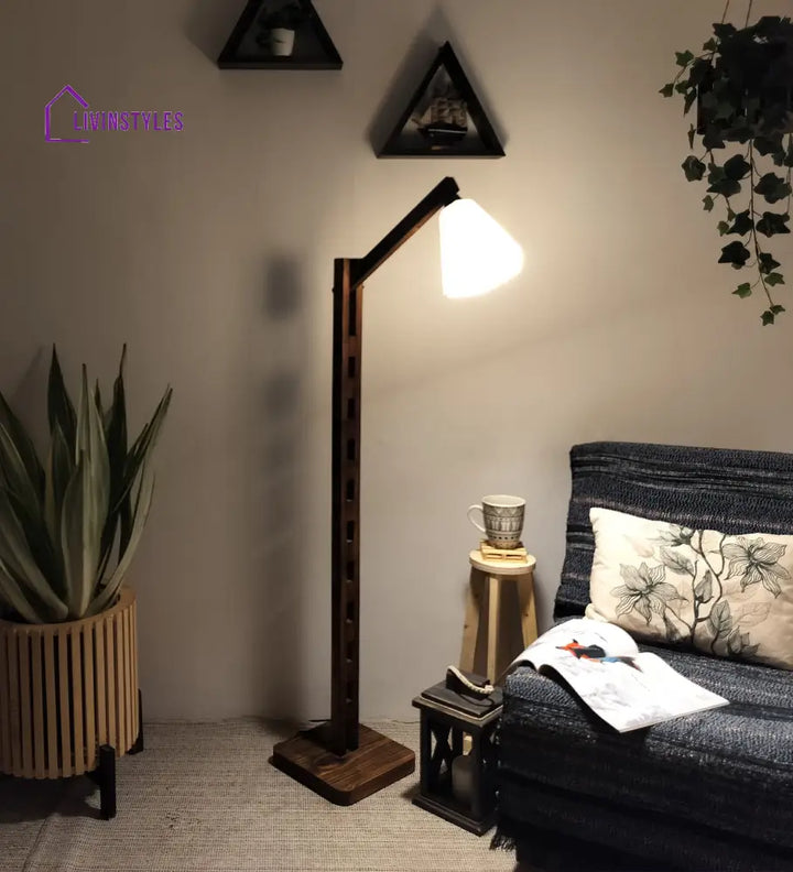 Hinge Wooden Floor Lamp With Brown Base And Beige Fabric Lampshade Lamps