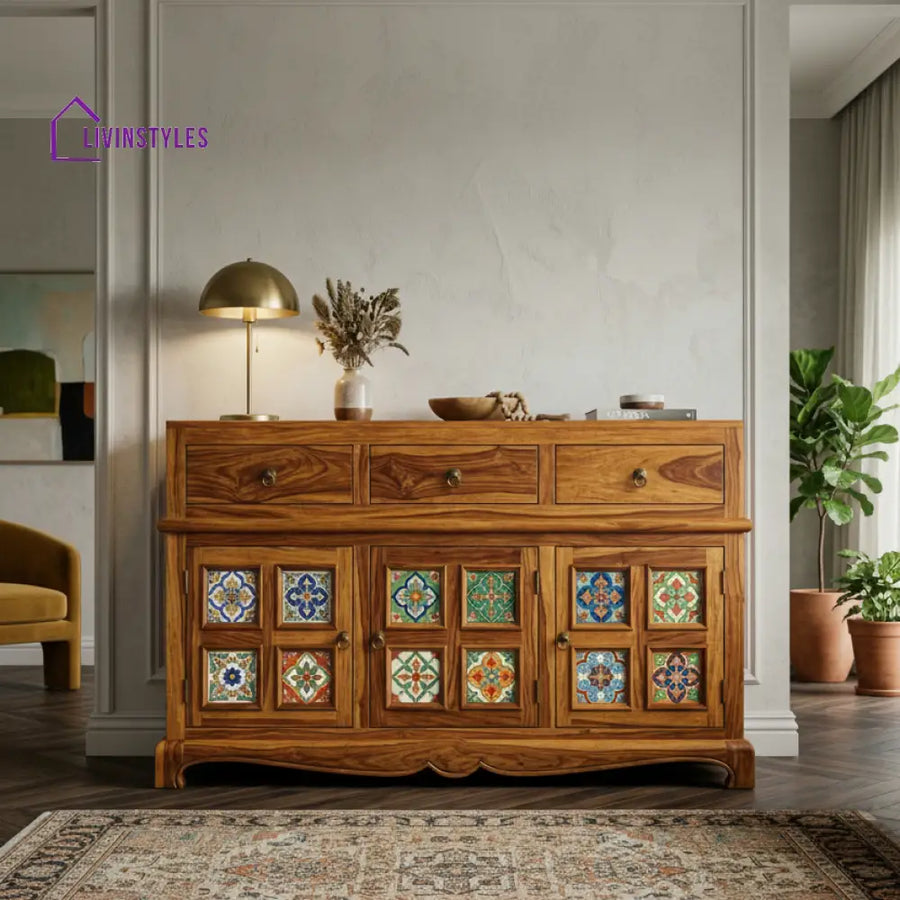 Holly Boho Sheesham Wood Storage Cabinet Sideboard With Three Drawers (Honey Finish)