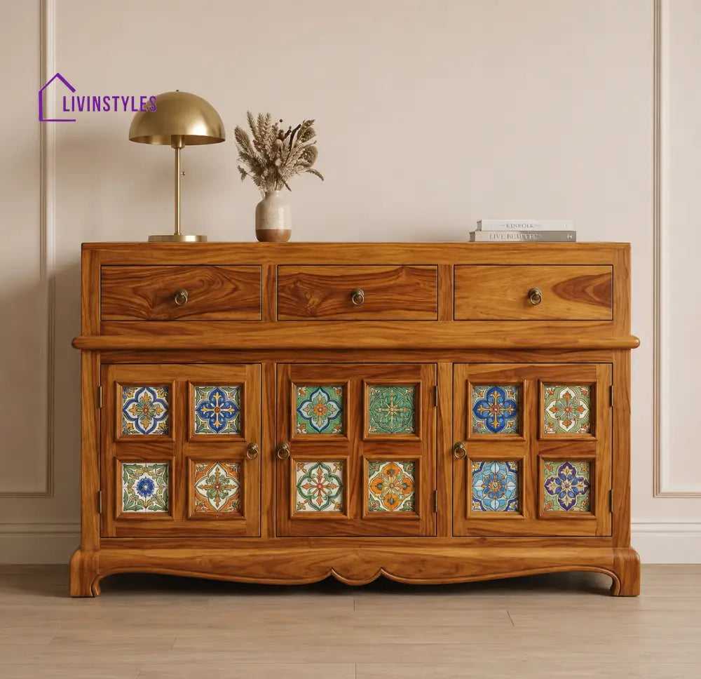 Holly Boho Sheesham Wood Storage Cabinet Sideboard With Three Drawers (Honey Finish)