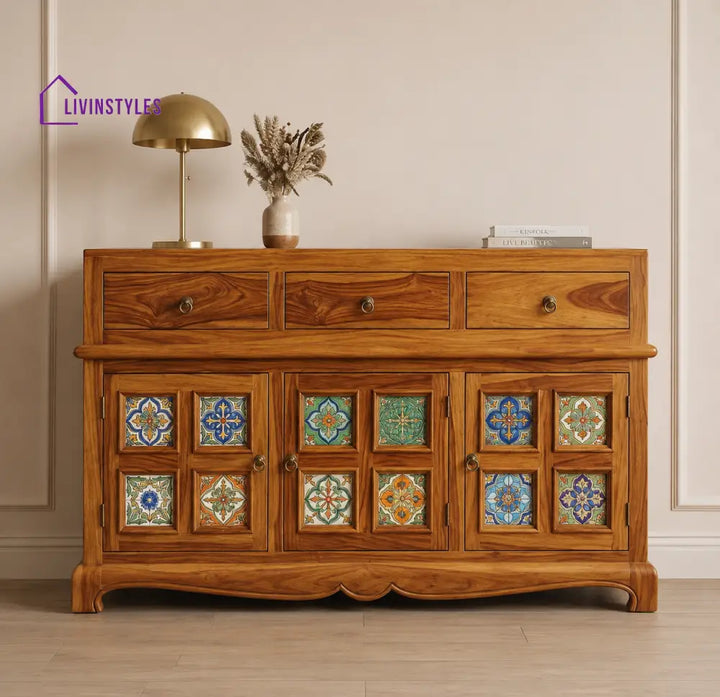 Holly Boho Sheesham Wood Storage Cabinet Sideboard With Three Drawers (Honey Finish)