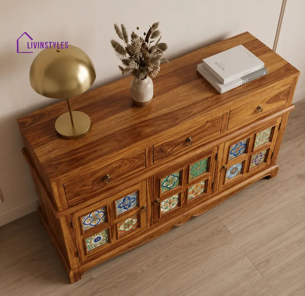 Holly Boho Sheesham Wood Storage Cabinet Sideboard With Three Drawers (Honey Finish)
