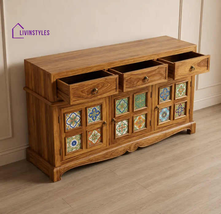 Holly Boho Sheesham Wood Storage Cabinet Sideboard With Three Drawers (Honey Finish)