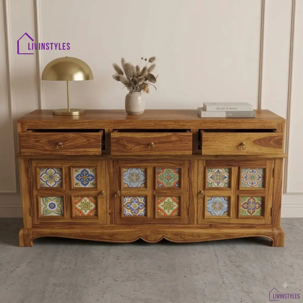 Holly Boho Sheesham Wood Storage Cabinet Sideboard With Three Drawers (Honey Finish)