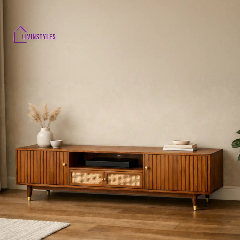 Homona Premium Solid Wood TV Unit with Cane Panel Cabinet