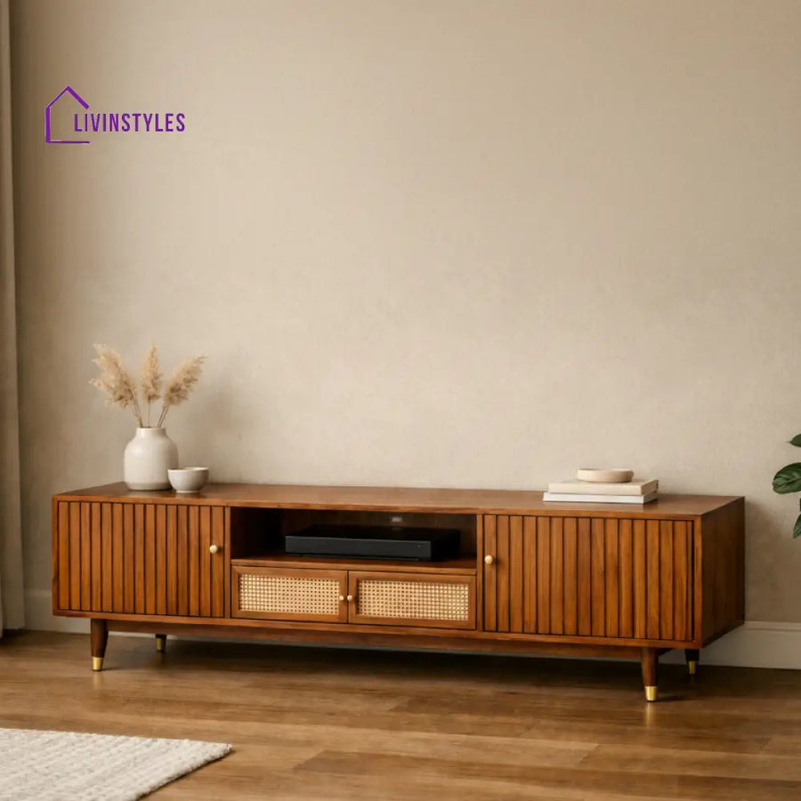 Homona Premium Solid Wood TV Unit with Cane Panel Cabinet