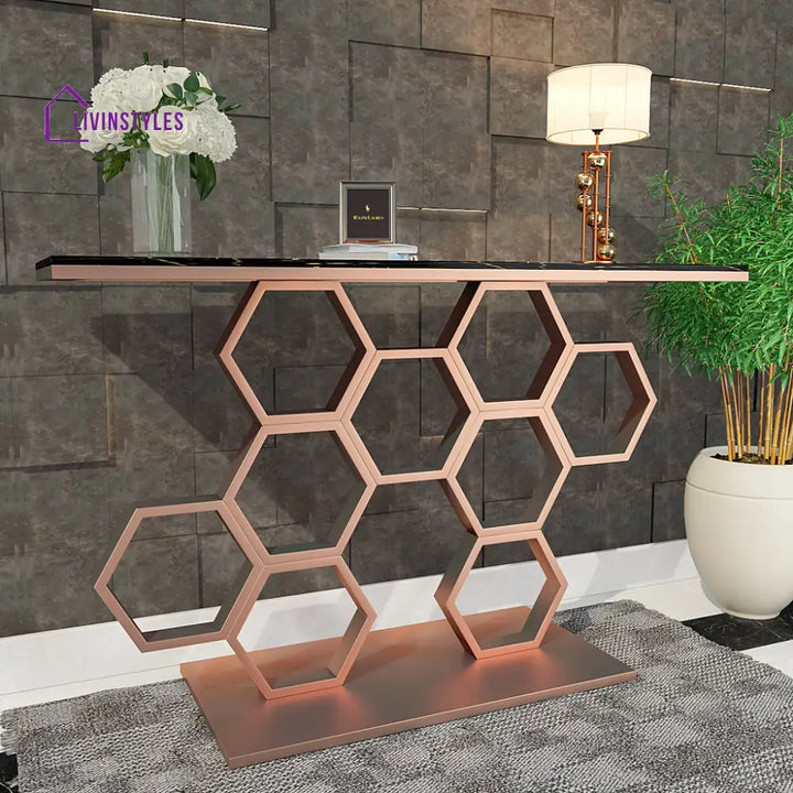 Honeycomb Motif Copper Finish Metal Console Table Table