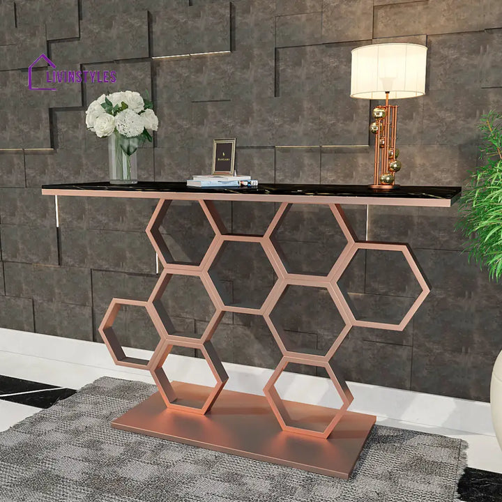 Honeycomb Motif Copper Finish Metal Console Table Table