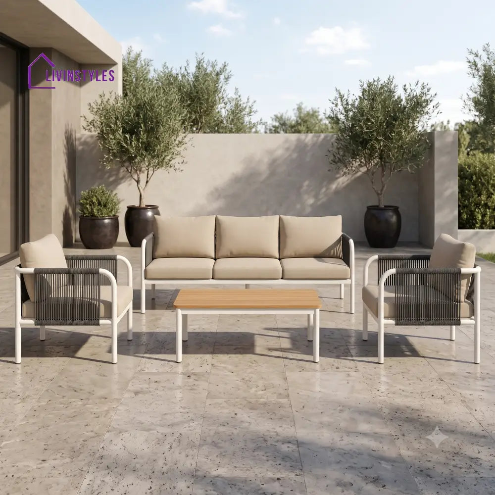 Honorine Metal Frame and Rope Weaving Outdoor Sofa Set 3 + 1 +1 and Coffee Table | Premium Uphostery