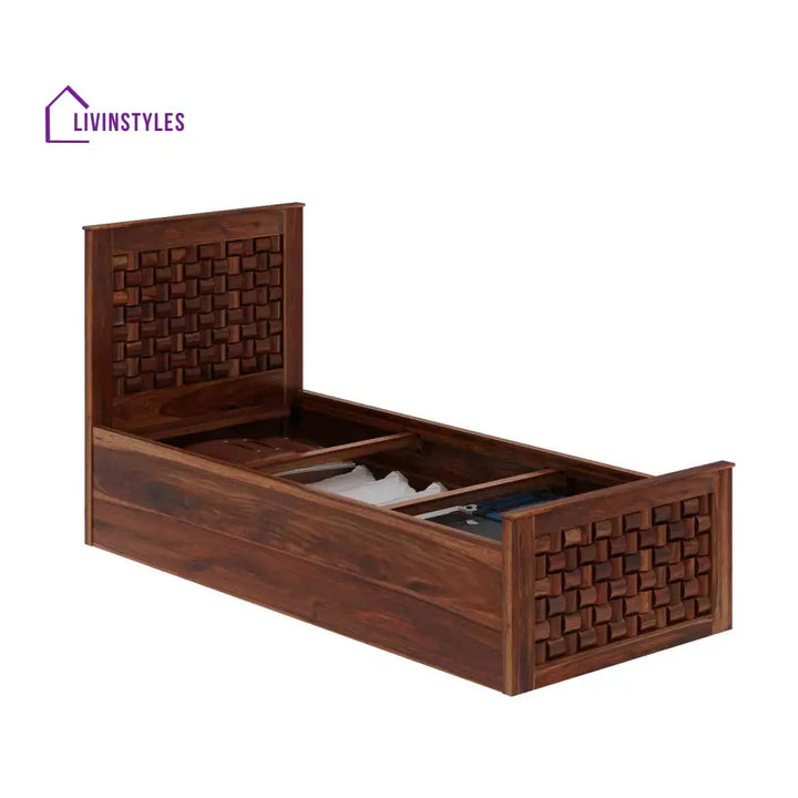 Hortensia Solid Sheesham Wood Single Bed With Box Storage (Natural Finish) Bed