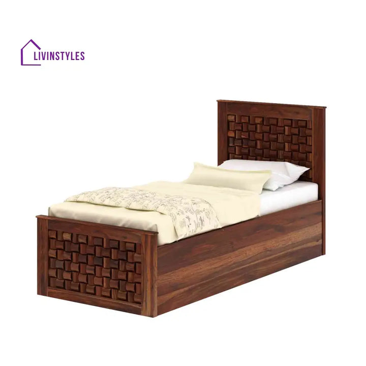 Hortensia Solid Sheesham Wood Single Bed With Box Storage (Natural Finish) Bed