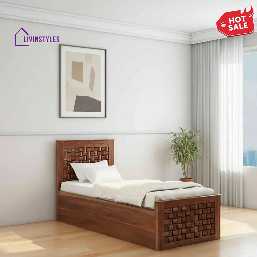 Hortensia Solid Sheesham Wood Single Bed With Box Storage (Natural Finish) Bed