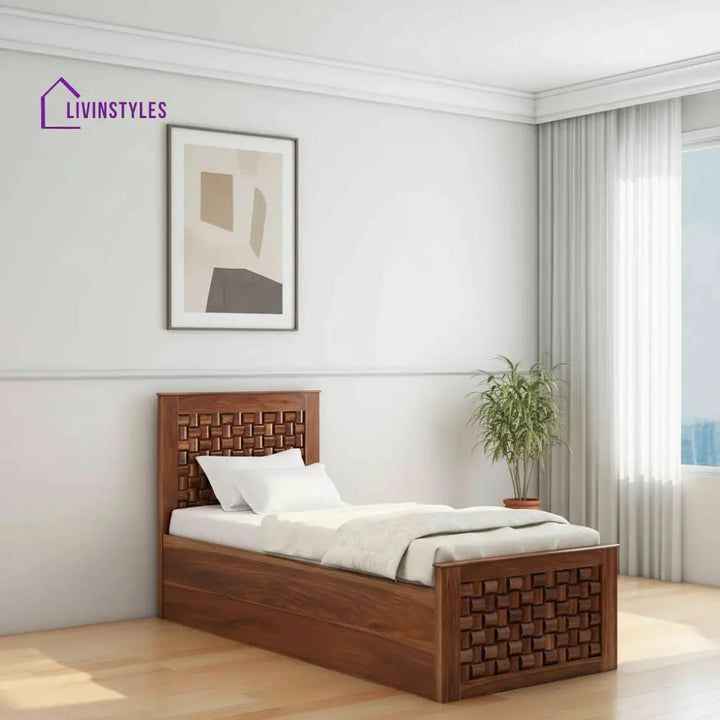 Hortensia Solid Sheesham Wood Single Bed With Box Storage (Natural Finish) Bed