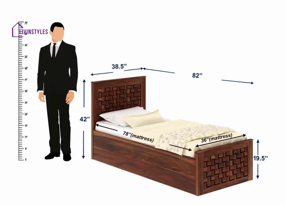 Hortensia Solid Sheesham Wood Single Bed With Box Storage (Natural Finish) Bed