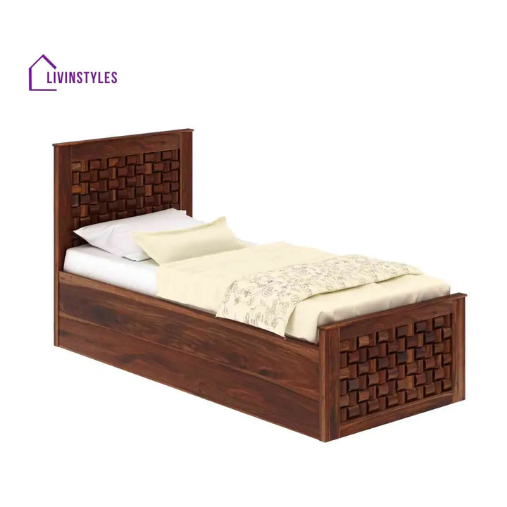 Hortensia Solid Sheesham Wood Single Bed With Box Storage (Natural Finish) Bed