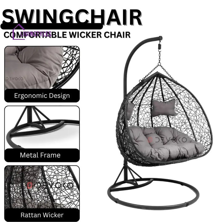 Hua Double Seater Rattan & Wicker Swing (Black & Grey) - Swing