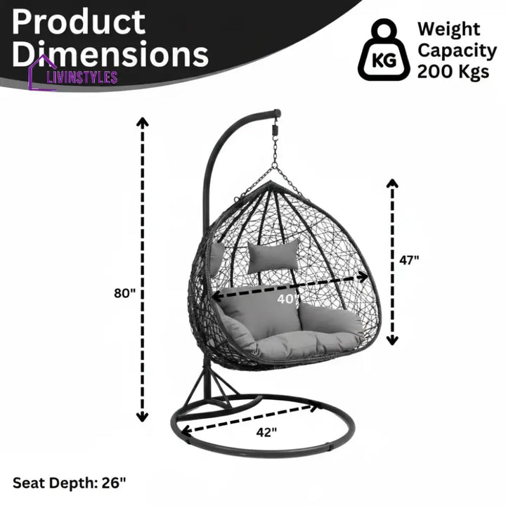 Hua Double Seater Rattan & Wicker Swing (Black & Grey) - Swing