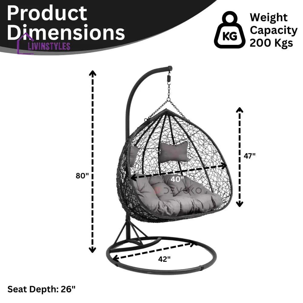 Hua Double Seater Rattan & Wicker Swing (Black & Grey) - Swing