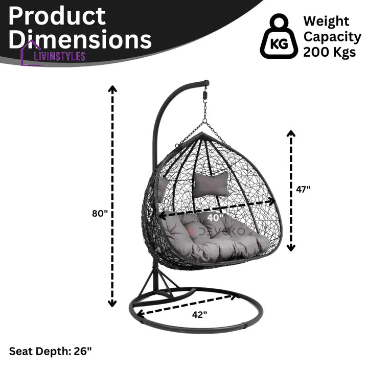 Hua Double Seater Rattan & Wicker Swing (Black & Grey) - Swing