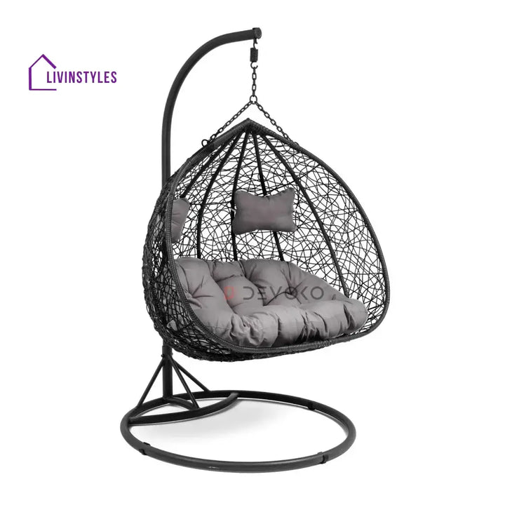 Hua Double Seater Rattan & Wicker Swing (Black & Grey) - Swing