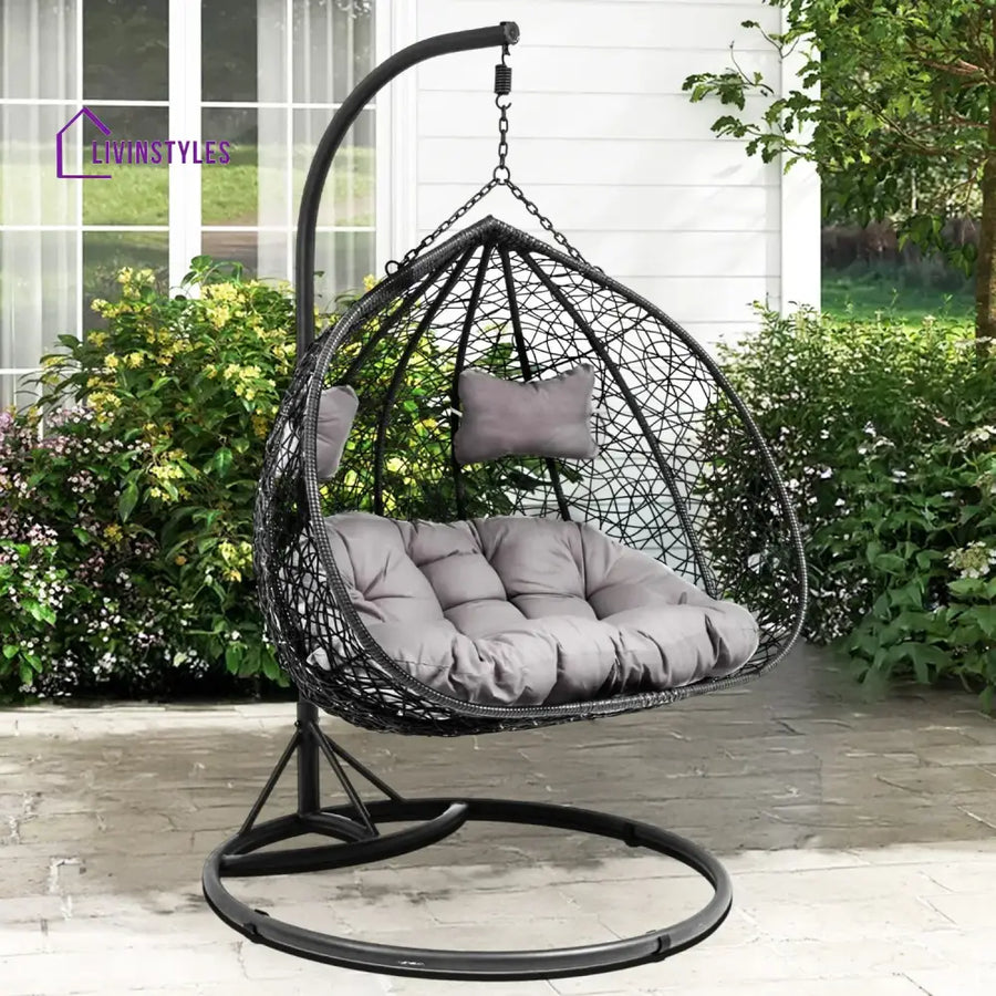Hua Double Seater Rattan & Wicker Swing (Black & Grey) - Swing