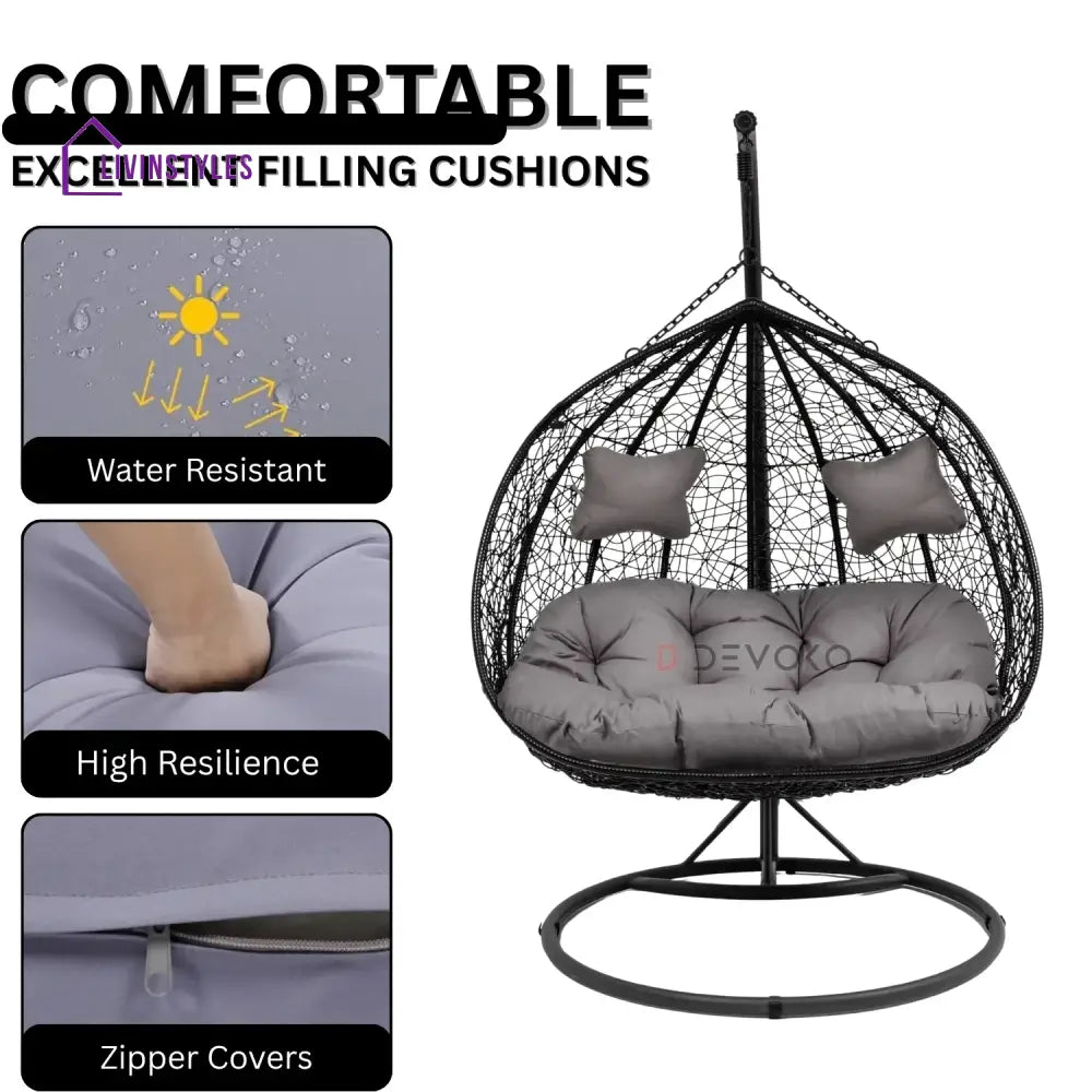 Hua Double Seater Rattan & Wicker Swing (Black & Grey) - Swing