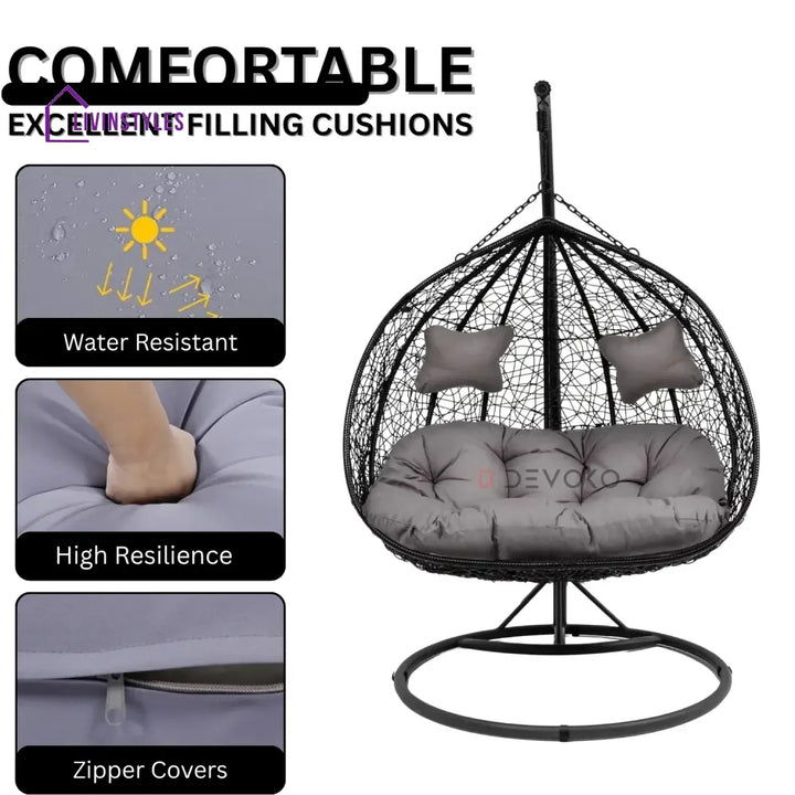 Hua Double Seater Rattan & Wicker Swing (Black & Grey) - Swing