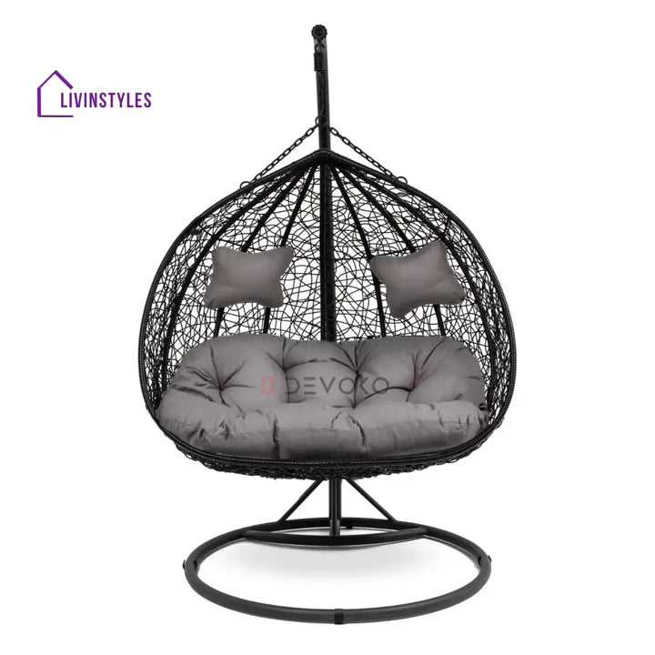 Hua Double Seater Rattan & Wicker Swing (Black & Grey) - Swing