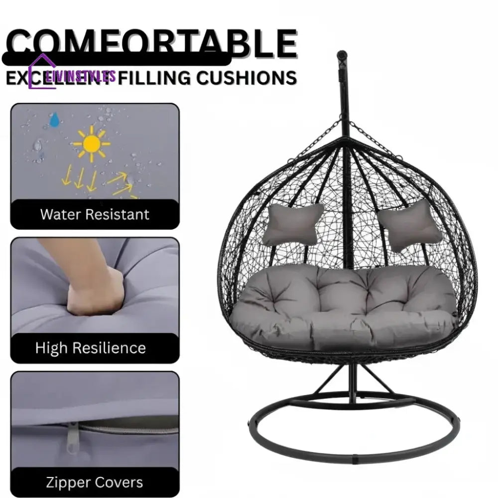 Hua Double Seater Rattan & Wicker Swing (Black & Grey) - Swing