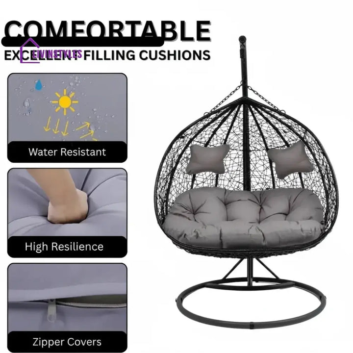 Hua Double Seater Rattan & Wicker Swing (Black & Grey) - Swing