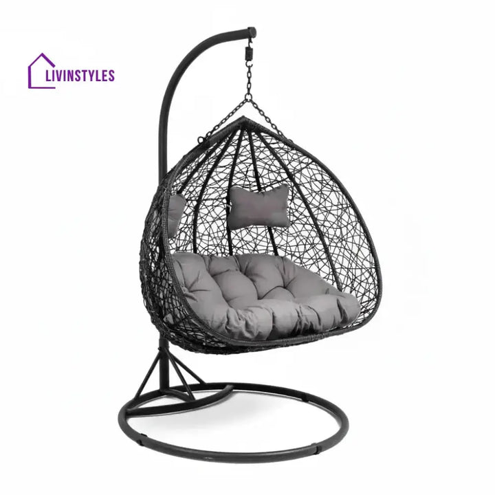 Hua Double Seater Rattan & Wicker Swing (Black & Grey) - Swing