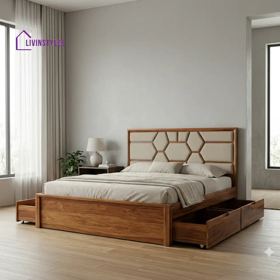 Hugo Premium Sheesham Wood Bed with Fabric Headboard