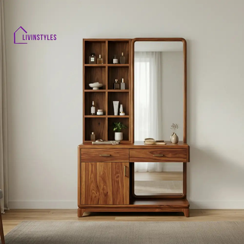 Hugo Sheesham Wood Dressing Table with Mirror and Storage (Honey Finish)