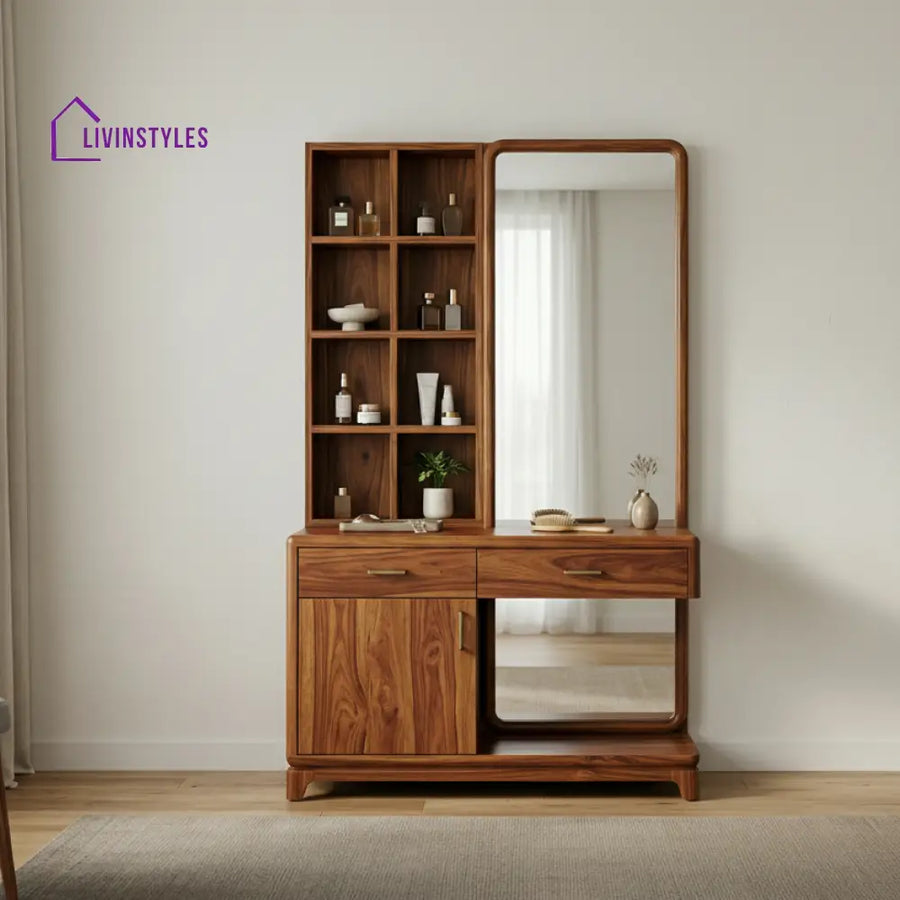 Hugo Sheesham Wood Dressing Table with Mirror and Storage (Honey Finish)