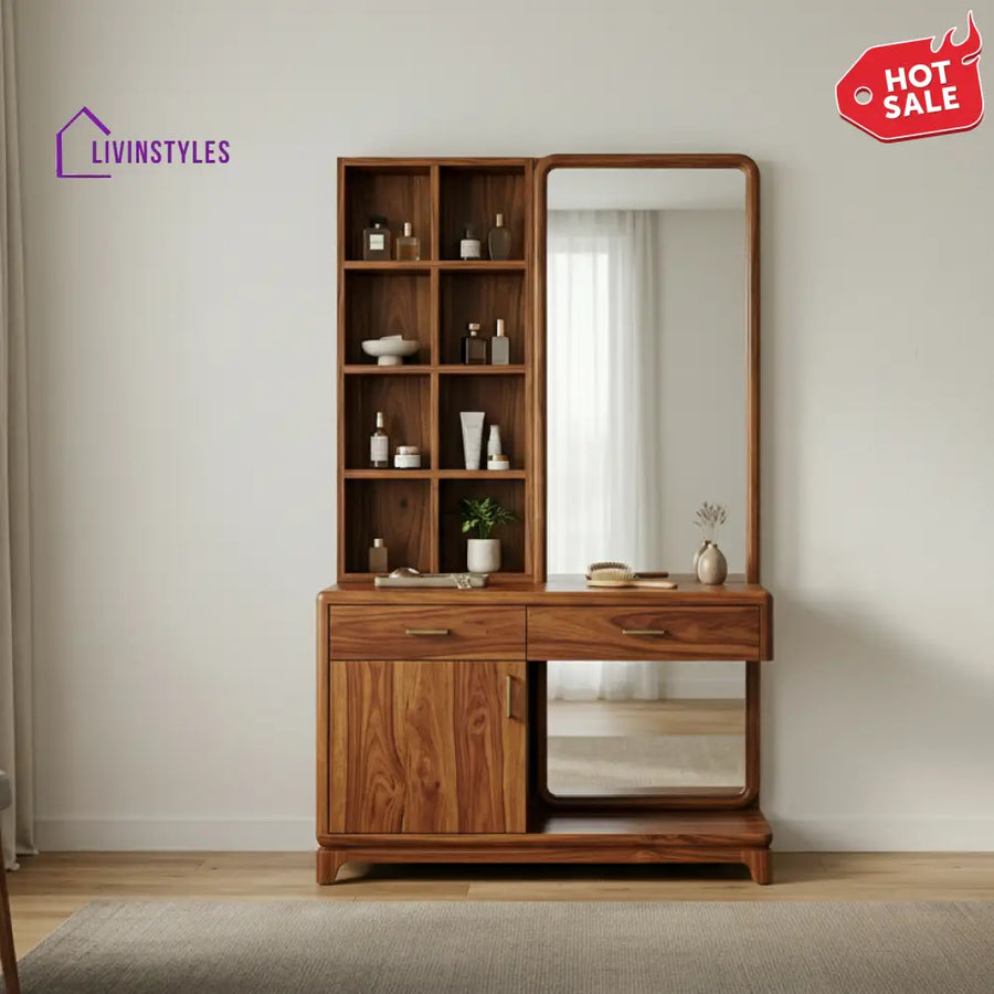 Hugo Sheesham Wood Dressing Table with Mirror and Storage (Honey Finish)