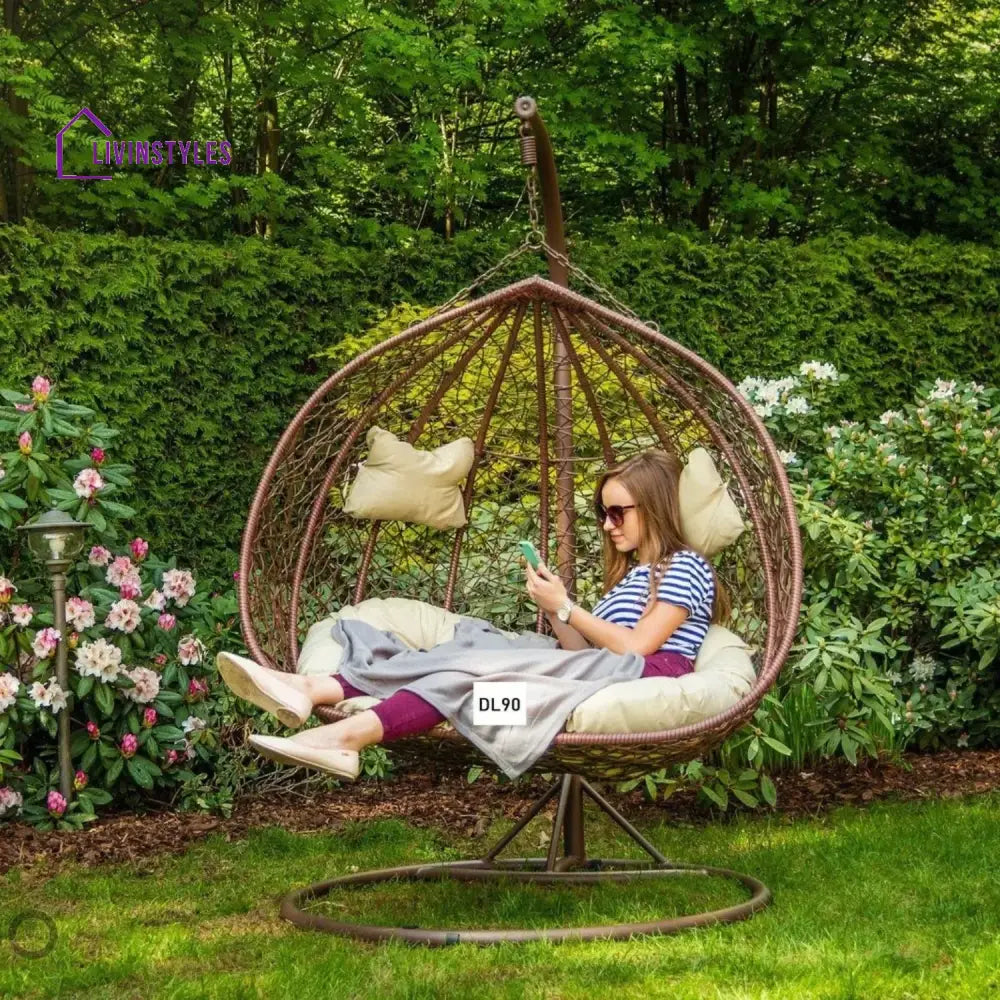 Hui Double Seater Rattan & Wicker Swing (Brown & Cream) - Swing