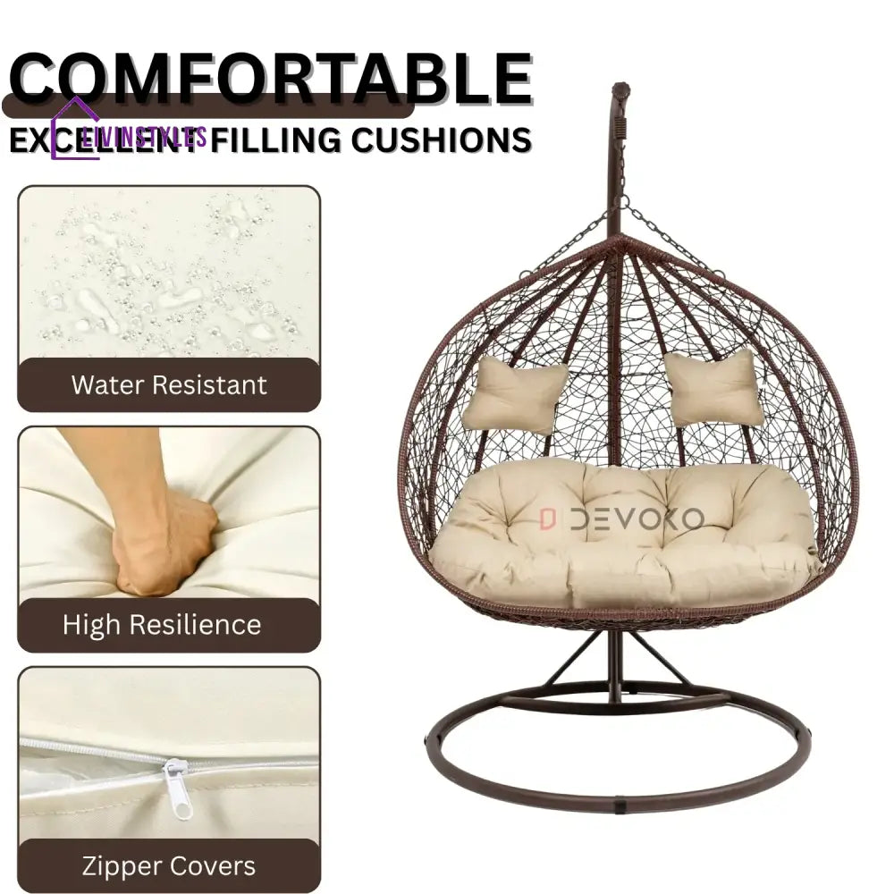 Hui Double Seater Rattan & Wicker Swing (Brown & Cream) - Swing