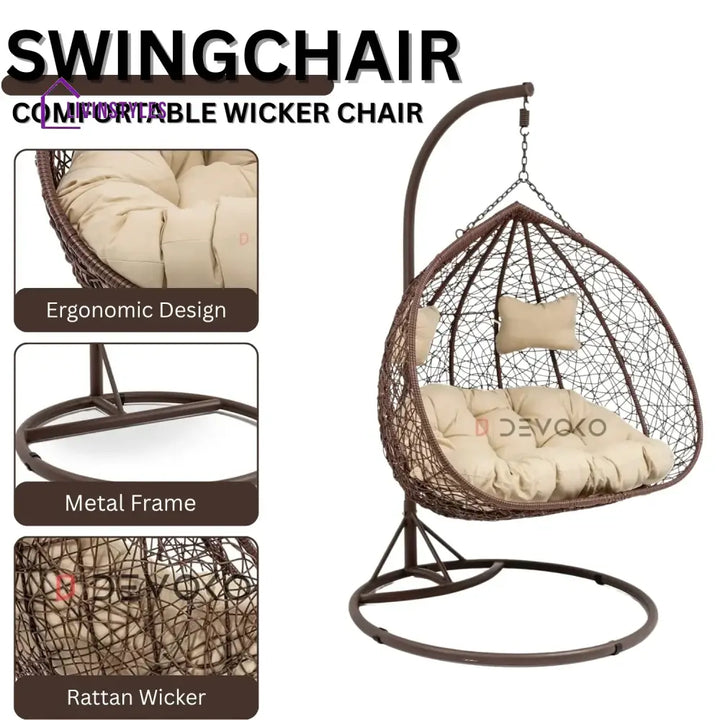 Hui Double Seater Rattan & Wicker Swing (Brown & Cream) - Swing