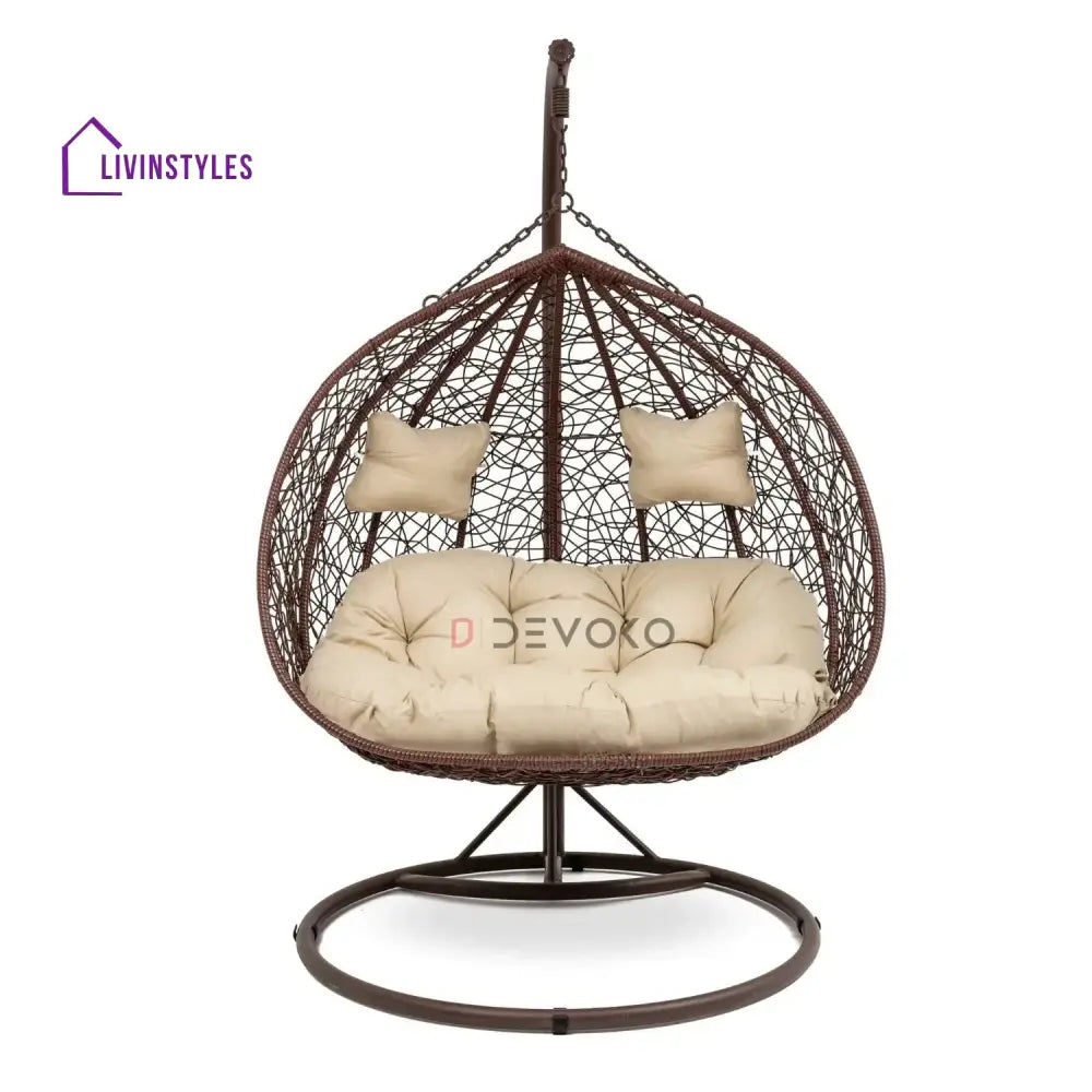 Hui Double Seater Rattan & Wicker Swing (Brown & Cream) - Swing