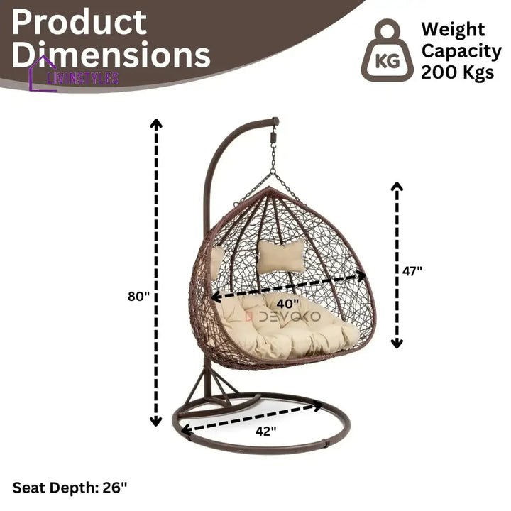 Hui Double Seater Rattan & Wicker Swing (Brown & Cream) - Swing