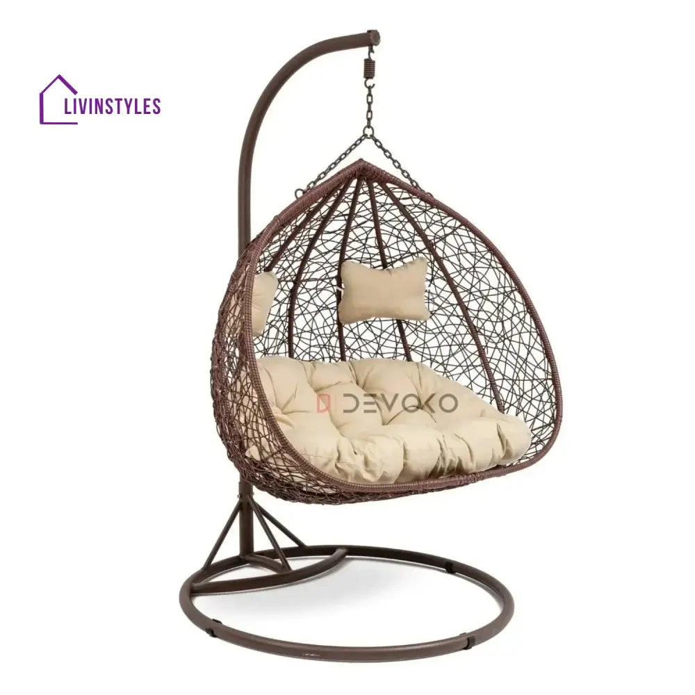 Hui Double Seater Rattan & Wicker Swing (Brown & Cream) - Swing