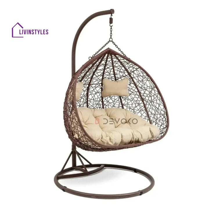 Hui Double Seater Rattan & Wicker Swing (Brown & Cream) - Swing
