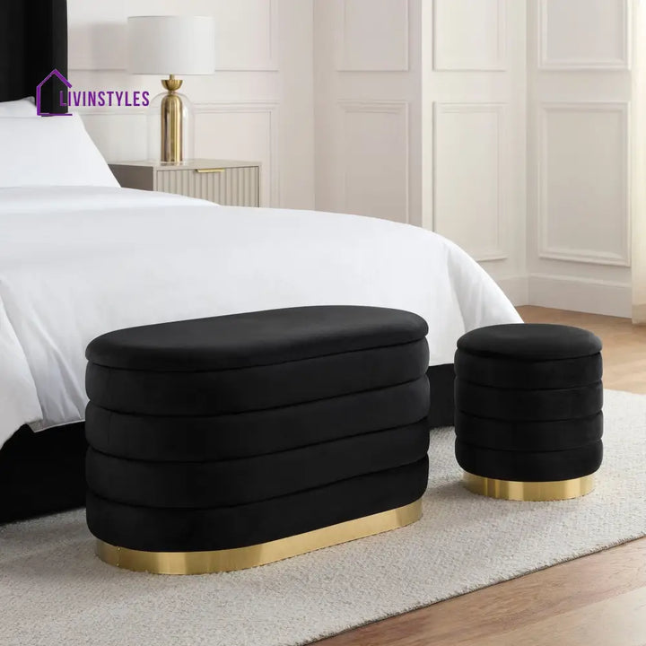 Humberto Panelled Ottoman and Stool Set - Black End of Bed Ottomans