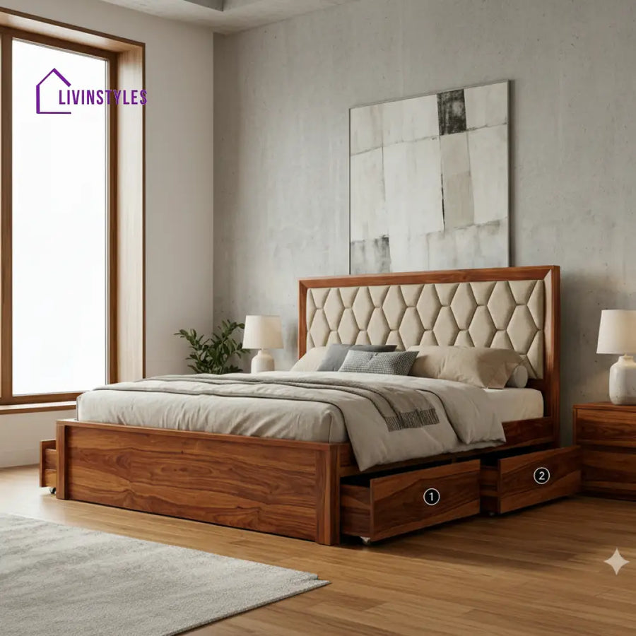 Hunter Premium Sheesham Wood Bed with Fabric Headboard